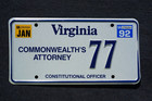 1992 Virginia Commonwealth s Attorney License Plate   77  Constitutional Officer