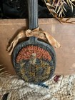 Primitive handmade wool Rug Hooking fall Homespun Pumpkin on Grungy Paddle spoon
