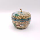 Vintage Beige Cloisonne Apple Trinket Jewelry Pill Box Floral Enamel Brass