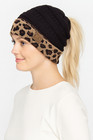 C c Women Classic Solid Color Leopard Cuff Ponytail Messy Bun Soft Knit Beanie