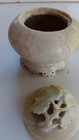 Vintage Carved Soapstone Round Vanity Trinket Jewelry Box Grape Leaf Wine