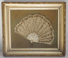 Framed Rare 19th C  1810-50 Gold Plated Brass Mesh   Silk Leaf Covered Bris   Fan