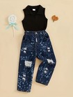 Toddler Kids Baby Girls Sleeveless Lapel Top ripped Jeans Clothes Outfits Set