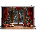 Winter Christmas Photography Backdrop Retro Xmas Tree Toy Wooden Window Red C   