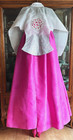 L-xl Traditional Korean Hanbok Dress- Dangui Silver Foil Top   Pink Silk Skirt