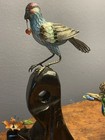 Sterling Silver And Enamel Chinese Cloisonne Bird Figurine On Wooden Base 