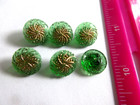 6 Beautiful Small  Czech Vintage Style Glass Buttons     Green W gold Accents