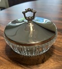 Vintage Ribbed Clear Glass Candy Trinket Dish Bowl With Chrome Metal Lid