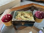 Clark s O n t  Antique Wood Sewing Box Black Brown Blue With Pin Cushions