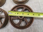  4  Vtg Industrial Factory Steampunk Cast Iron 5  Hit Miss Engine Cart Wheels