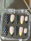 Almond Press-on Nails Black Yellow Nude French 3d Star Polka Dot Full Cover 24pc