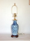 Chinese Porcelain Lamp Vase Blue   White Brass Asian Pea Vine Oriental Teakwood