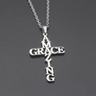 Stainless Steel Amazing Grace Cross Necklace   Earring Set - Silver  Christian