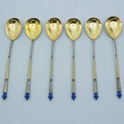 Russian 84 Zolotnik  875 Silver Set Of 6 Enameled   Gilt Spoons Blue   Red Lotus
