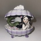 Vintage Ceramic Dark Haired Mermaid In Purple Clam Shell Figurine           