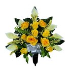 Cemetery Vase With Grave Flowers Including Yellow Roses And Cream Calla Lilies
