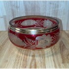 Vtg Bohemian Cranberry Glass Bowl Gold Accents Etched Design Serving Dish