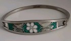 Vintage Mexico Alpaca Silver Hinged Bracelet Abalone Inlay Flower Butterfly 