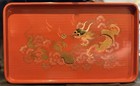 Mid Century Hand Painted Textured Chinese Dragon   s Pearl Coral Red Lacquer Tray 