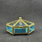 Vtg Casket Brass Blue Etched Glass Hex Jewelry Trinket Box Dome Hinged Footed