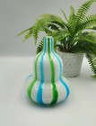 Vtg Gourd Shaped Hand Blown Art Glass Vase Blue Green Verticle Striped 7  Modern