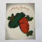 Vintage Mid Century Christmas Greeting Card Red Green Mittens Holly Leaves