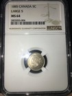 1885  Large 5   Ngc Graded Canadian Small Silver Five Cent    ms-64    004