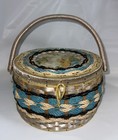 Vintage 1960s Wicker Sewing Basket With Satin Floral Fabric   Lining   Japan