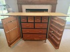 Handmade Brown Wood Sewing Cabinet W  Drawers  Door Spool Rack Doors   Casters
