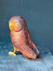 Vintage Wood   Brass Owl Sculpture Bustamante Style Red Bird Figurine 6 5 