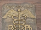 Vintage Jensen Drug Store Pharmacist Pharmacy Advertising Sign Wood Metal Plaque