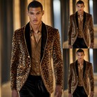 Men Blazer Jacket Slim Fit Velvet Leopard Shawl Lapel Formal Party Activewear