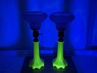 Rewired Pair Houzex Antique Vtg Uranium Vaseline Glass Boudoir Table Lamps Deco