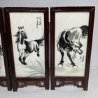 Chinese Oriental Desk Top Tile   Wood 2 Sided Folding Screen Horse Koy Fish