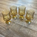 Vintage Amber Floral Design Footed Goblets Set Of 4 Juice Water Glasses 
