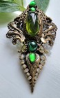 Art Nouveau Vintage Large Ornate Brooch Green Cabochon Glass Antiqued Ex Con