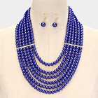 Six Layers Royal Blue Glass Faux Pearl Necklace Earring Set
