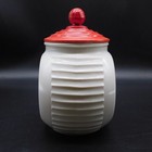 Vintage Fire-king Vitrock Milk Glass Grease Jar Art Deco Tulips Red White W lid
