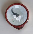 Vintage Chinese Silk Embroidery Cat Round Panel Framed Wood Stand Suzhou Style