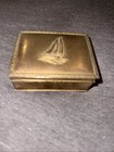 Vintage Nautical Brass And Wood Hinged Jewelry Box Engraved Sailboat