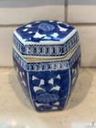 Vintage Hexagonal Blue   White Tea Caddy W lid - Lotus Flower - Chinoiserie
