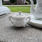 Vintage Miniature Porcelain Tea Set White Embossed Rose Gold Trim 6 Pc W  Tray