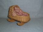 Vintage Dollhouse Doll Cradle Bed Crib Woven Wicker Pink Satin Bedding
