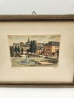 Vtg German Town Etched Pencil Framed Art Painting Fountain Platz Flags 11x9  