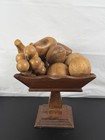 Vintage Carved Walnut Wood Fruit In Turned Pedestal Bowl Center Piece