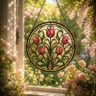 Stained Glass Tulip Suncatcher  Round Floral Window Hanging cottagecore Wall Art
