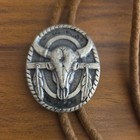 Vintage Siskiyou Bull Head Bolo Tie - Pewter   Suede Leather Western Wear