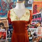 Vtg 60s-70s Rust Orange Bias Cut Floral Satin Short Sleeve Gown Dress Xs