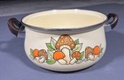 Vintage Retro Mushroom Print Enamel Soup Stock Pot Cream Orange Brown  read 