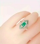 3ct Art Deco Style Lab Created Emerald   Diamond Wedding 14k White Gold Fn Ring